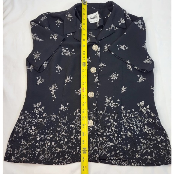 Leslie Fay Womens 12P Short Sleeve Button Up Collared Black Floral Blouse - Picture 7 of 11